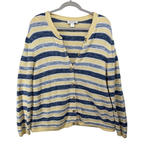 Vintage CJ Banks Womens Cardigan Sz 1X Plus Yellow/Blue Striped Beachy Nautical - Picture 1 of 10